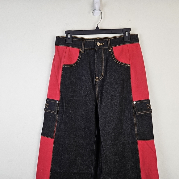 Finesse Black Red Patchwork Wide Leg Jeans Size S US 4-6 NWOT Statement - Picture 3 of 8